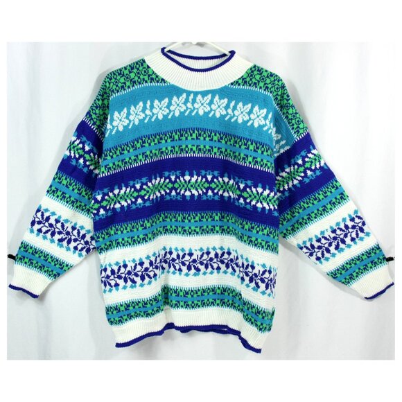 Vintage Arielle Fair Isle Stripe Graphic Winter Ski Sweater Blue 1980s L Unisex - Picture 1 of 5